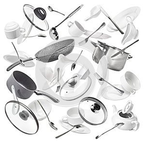 A set of kitchen utensils: pots, pans, plates, forks, knives