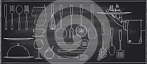 Set of kitchen utensils and tableware on a chalkboard