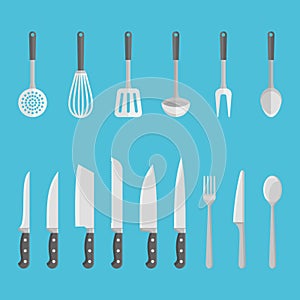 Set of kitchen utensils, tools isolated on blue background. Flat style vector illustration.