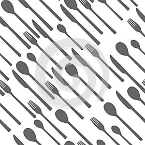 Set of kitchen utensils on white background Vector Line Art cartoon illustration - small spoon, fork, knife, big spoon. seamless p