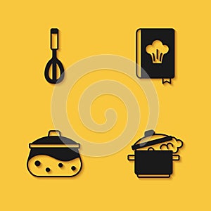 Set Kitchen whisk, Cooking pot, and Cookbook icon with long shadow. Vector