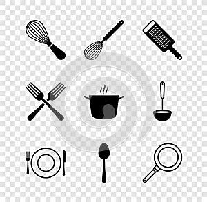 Set Kitchen whisk, Grater, Plate, fork and knife, Spoon, Frying pan, Crossed and Cooking pot icon. Vector