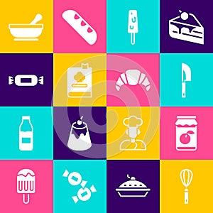 Set Kitchen whisk, Jam jar, Knife, Ice cream, Cookbook, Candy, Mortar pestle and Croissant icon. Vector