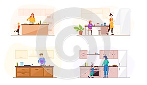 Set of kitchens different interior on white background. Vector illustration of cooking women and men, and children running around