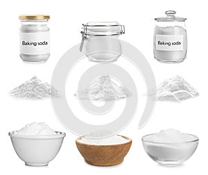 Set with kitchenware and baking soda on background