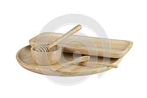 Set of kitchenware : plate, bowl, spoon, fork, honey stick