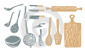 Set of kitchenware tools abstract style vector illustration on white background