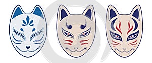 Set of Kitsune fox masks vector illustration, isolated on white background. Japanese traditional mask