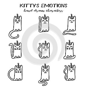 Set of kitty emotions in hand drawn style