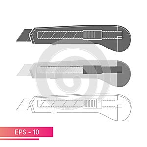 Set, Knife for construction work. Linear, solid and realistic design. On a white background. Tools for workers. Flat