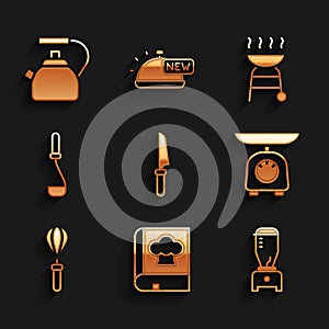 Set Knife, Cookbook, Blender, Scales, Kitchen whisk, ladle, Barbecue grill and Kettle with handle icon. Vector