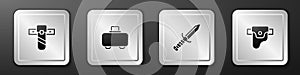 Set Knife holster, Weapon case, Military knife and Gun in icon. Silver square button. Vector