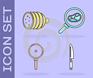 Set Knife, Salami sausage, Frying pan and Steak meat in frying pan icon. Vector