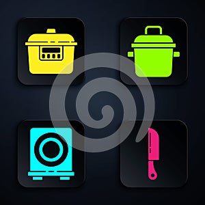 Set Knife, Slow cooker, Electric stove and Cooking pot. Black square button. Vector