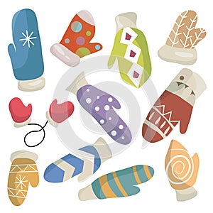A set of knitted bright mittens. Vector illustration..Winter time. Winter gloves or woolen mittens. Icons for the design.