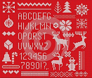 Set of knitted font, elements and borders for Christmas, New Year or winter design. Ugly sweater style. Sweater ornaments for scan