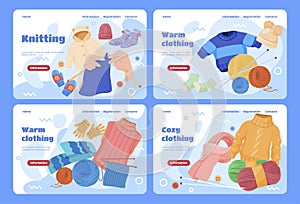 Set knitted handmade clothes store landing page vector illustration. Promo workshop of wool knitting