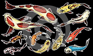 Set of Koi carps, japanese fish on black background. colored korean animals. Sea creature. Engraved hand drawn line art