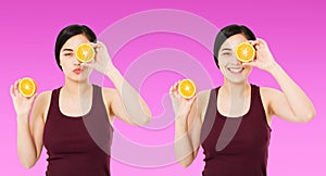 Set korean,asian woman holding pieces of oranges isolated on purple background, skin care cosmetic concept, copy space,banner