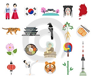 Set of Korean national symbols on the white background.