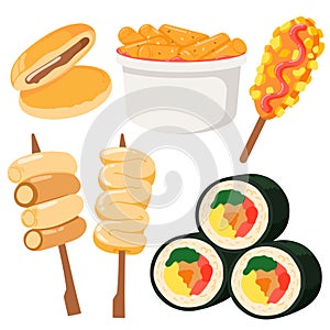 Set of Korean Street Food Vector Illustration Including Hotteok, Kimbap, Odeng, Sotteok, Tokkebi and Teokbokki