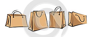 Set of kraft paper bags for shopping in retro style. Isolated objects on white background