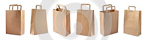 Set with kraft paper bags on white background. Banner design