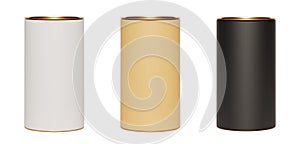 Set of kraft paper tube packages with golden lid mockup on white background