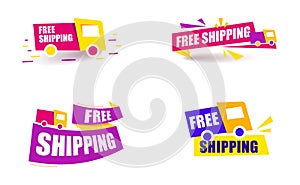 Set Label free shipping Red and pink. Speech bubble with truck.