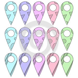 Set of label icons on a map in various colors and outline styles. Contour stroke. Cartoon style. Vector on white