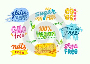 Set of Labels for Allergens, Products Free of Gmo, Chocolate, Gluten and Lactose, Nuts, Soya and Sugar