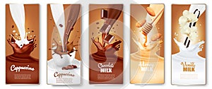 Set of labels with cappuccino, coffee,  milk with honey, chocolate and vanilla