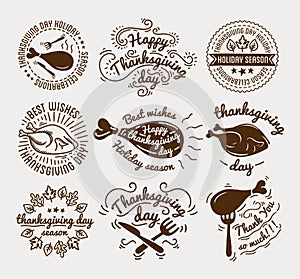 Set of labels design template to Thanksgiving Day. Black icons with turkey for banner and invitation. Vector tags