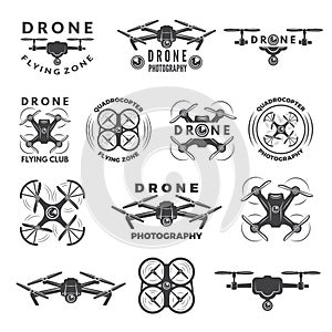 Set labels with different illustrations of drones