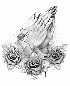 Praying hands tattoo. Set of labels and elements. Vector set illustration template tattoo
