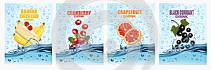 Set of labels with fruit and berry drinks. Fresh fruits juice splashing together- banana, cheesecake, cranberry, grapefruit, black
