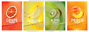 Set of labels with fruit drink.Fresh fruits juice splashing together- banana, kiwi, peach, grapefruit