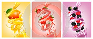 Set of labels of of fruit in juice splashes.