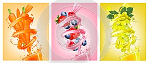 Set of labels of of fruit in juice splashes.