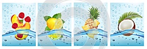 Set of labels with fruit and vegetables drink. Fresh fruits juice splashing together- citron, peach, pineapple, coconut in water