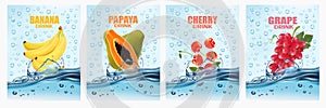 Set of labels with fruit and vegetables drink. Fresh fruits juice splashing together- grape, banana, cherry, papaya water drink