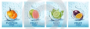 Set of labels with fruit and vegetables drink. Fresh fruits juice splashing together- papaya, passion fruit, mint, limem pumpkin