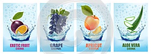 Set of labels with fruit and vegetables drink. Fresh fruits juice splashing together- passion fruit, grape, apricot, aloe vera in