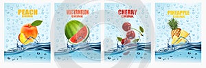 Set of labels with fruit and vegetables drink. Fresh fruits juice splashing together- peach, watermelon, cherry, pineapple in