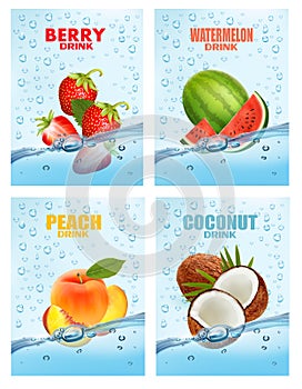 Set of labels with fruit and vegetables drink. Fresh fruits juice splashing together- peach, watermelon, strawberry in water drink