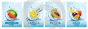 Set of labels with fruit and vegetables drink. Fresh fruits water splashing together- watermelon, vanilla, papaya, mango, banana