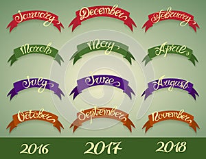 Set labels with hand-drawn lettering on green background, months names and namber of year.