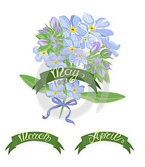 Set labels with hand-drawn lettering, months names of season year, Beautiful bouquet of forget-me-not flowers