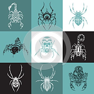 Set of labels with the image of arachnids