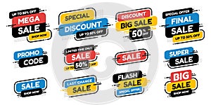 Set labels with inscription sale. Vector flat illustrations. Ad or promo. Shopping concept
